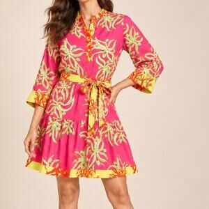 ModaPosa Alcee Dress Small Pink Green Botanical Print Cotton Belted NWT
